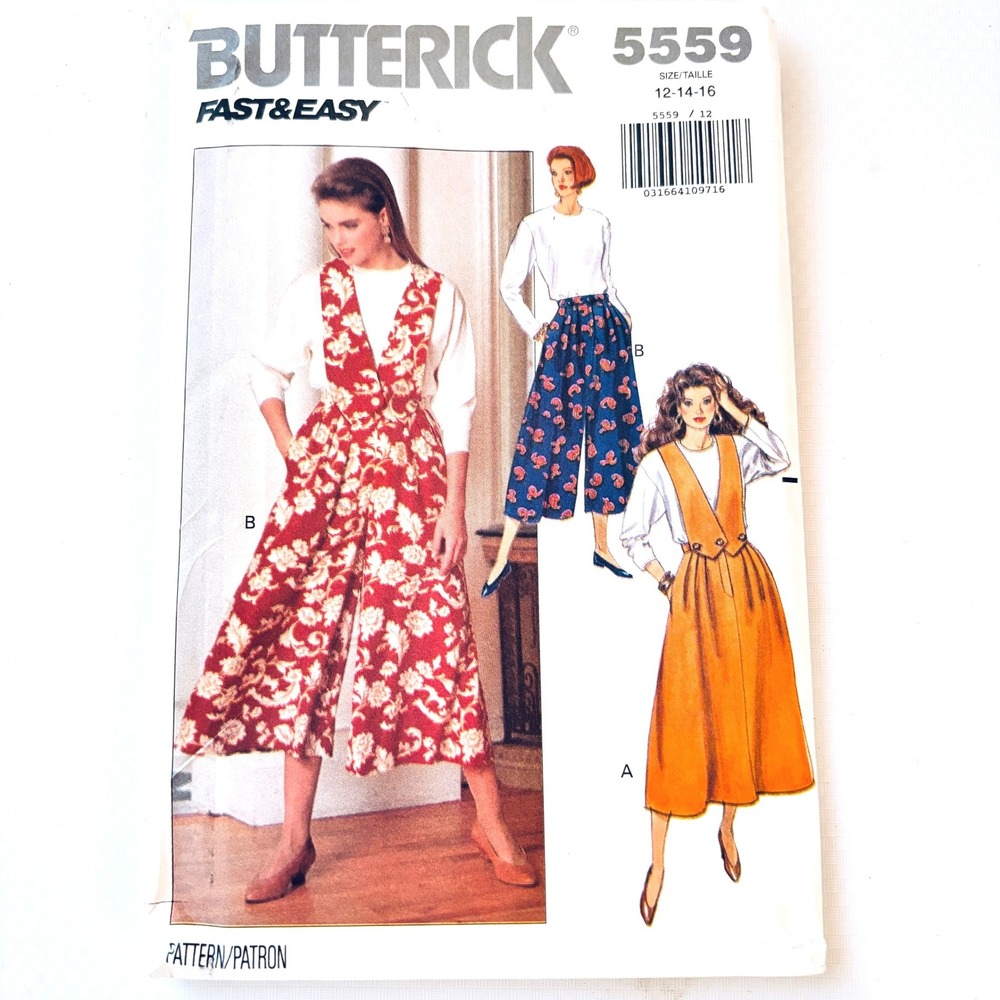 Butterick 5559 Rare Top Wide Leg Split Skirt Culottes Bib Sz 12-16 90s-Does-40s